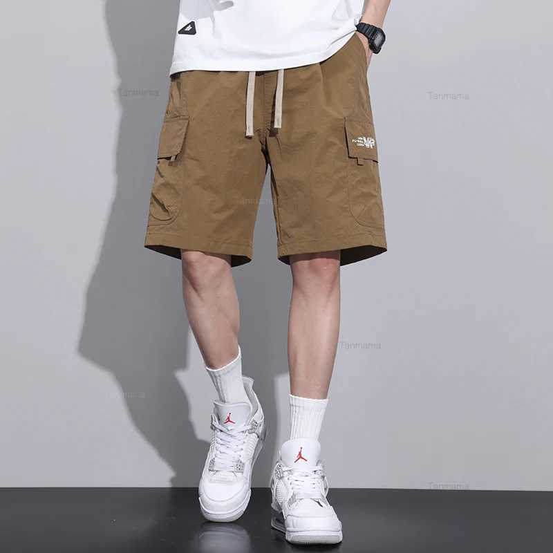 Summer Ultra-thin Quick-drying Mens Shorts Elastic Waist Ice Silk Loose Large Pocket Cargo Knee-length Pants Green Black GreyX240921