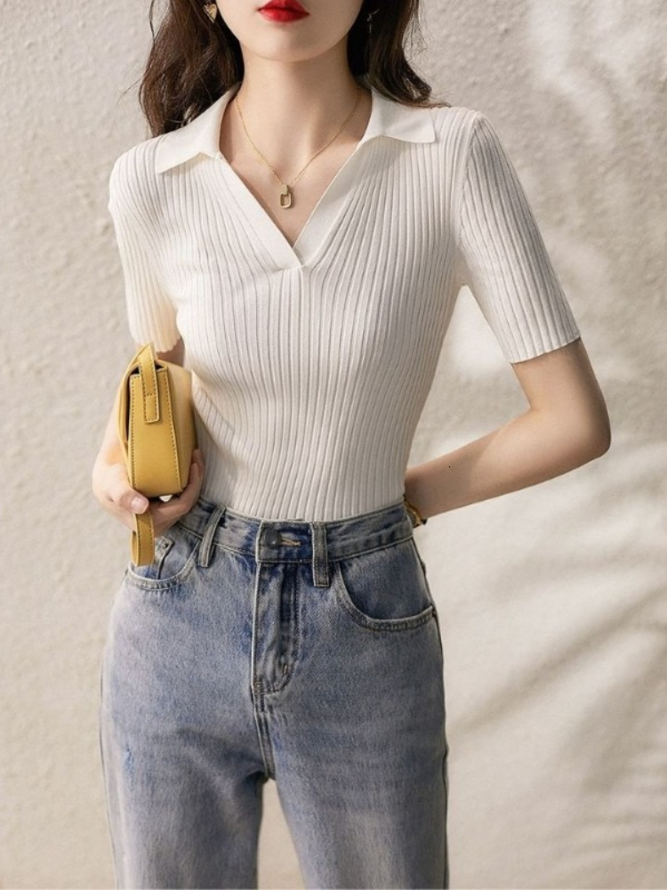 Women's Polo Shirt Slimming T-shirt Plain White Knitted Women's T-shirt Fashion Trend 2024 High Quality Fashion Beautiful Youth Free Shippin