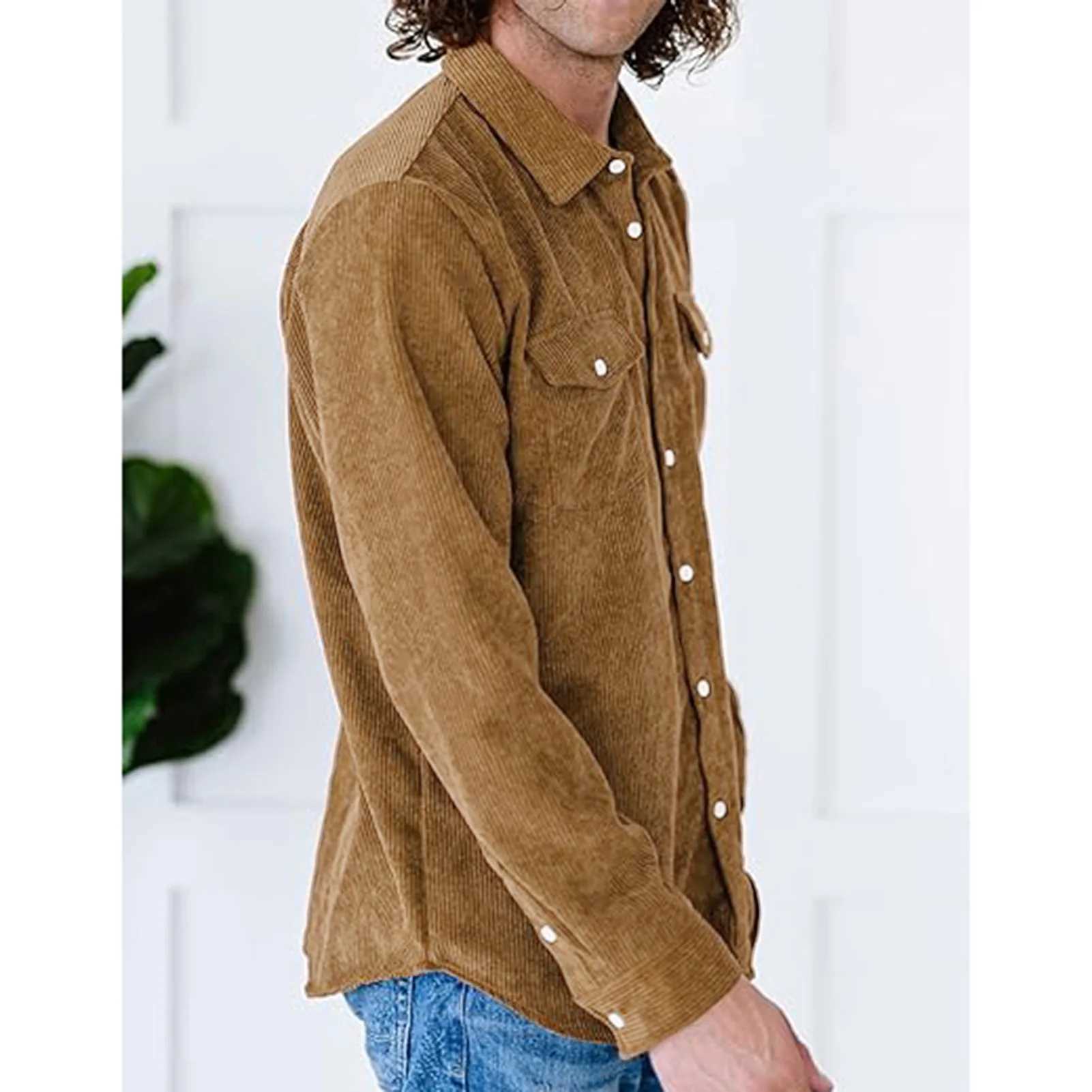 Mens Corduroy Button Down Shirts Long Sleeves Classic Corduroy Shirt Jacket for Friends Gathering Wear M240921