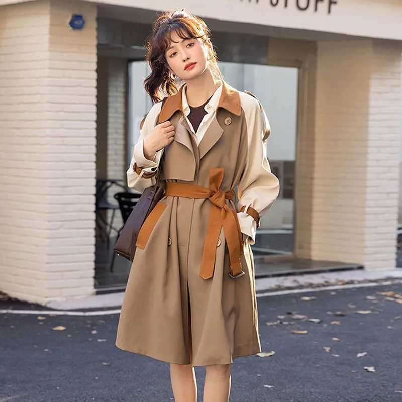 Mid-length Khaki Trench Coat With Belt Contrast Color Splicing Lapel Long Sleeve Casual Double-breasted Spring Women WindbreakerX240921