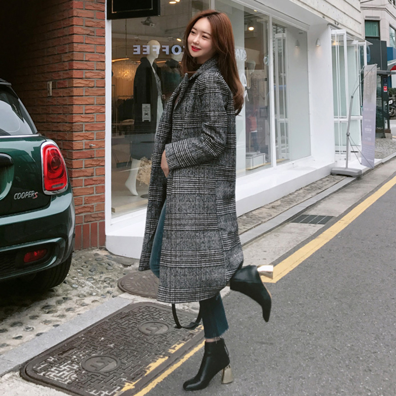 2019 Spring Autumn Women's Plaid New Fashion Long Woolen Coat Slim Type Winter Wool Jackets Female Outwear
