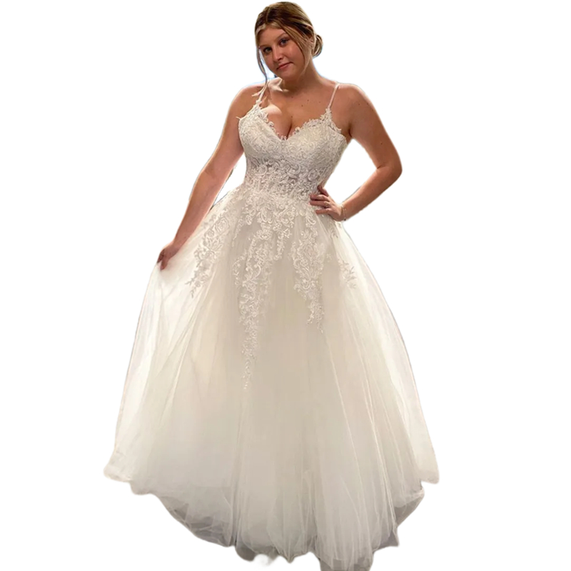 Ivory Spaghetti Strap A-Line Tulle Beach Wedding Dress with V-Neck and Lace Appliques Sleeveless Boho Bridal Gown Floor Length