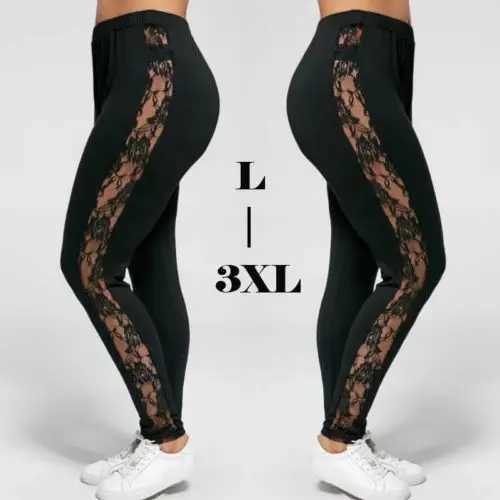 Yoga Outfit L-3Xl Plus Womens Size Trouser Fashion Casual Black Weight Loss High Waist Lace Work Patch See Through Legging Pants 2024 H240921