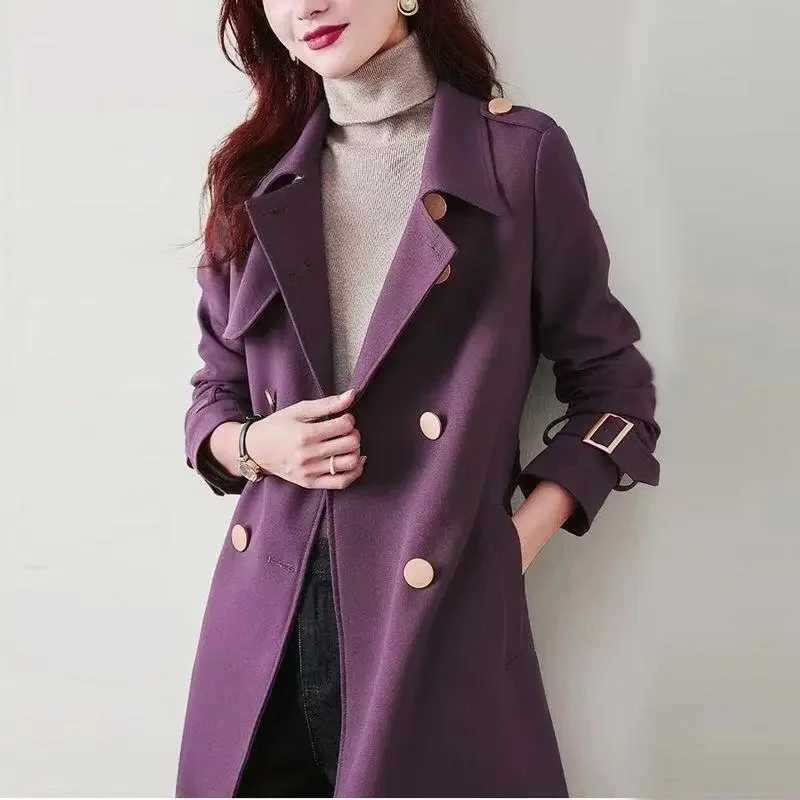 Elegant Womens Trench Coat New Solid Color Double Breasted Mid Length Ladies Office Windbreakers Womens Basic Coat OuterwearX240921