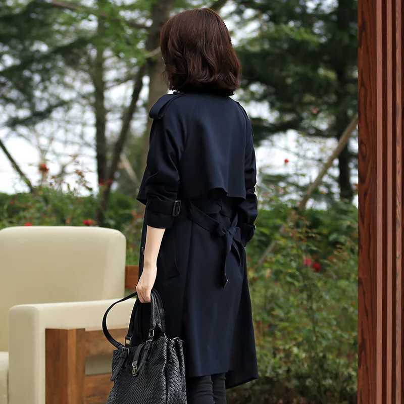 Navy Blue England Style Womens Windbreaker Baggy Mid Long Trench Coat 2024 Spring Autumn New in Outerwears with Belt JacketsX240921