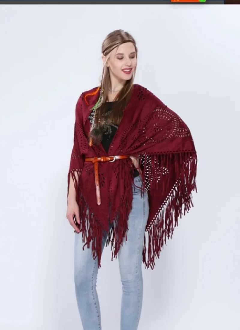 Spring and Autumn womens suede hollow round tassel shawl W240921