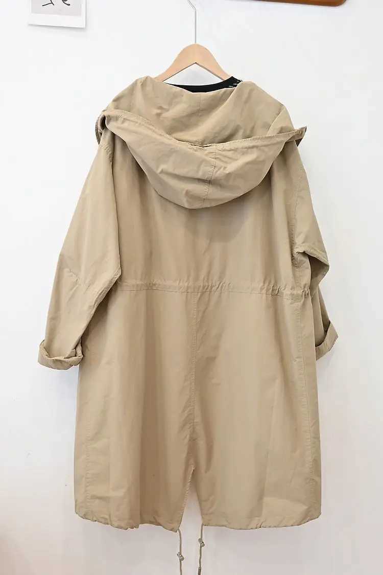 Korean Oversized Women Cargo Windbreaker Jacket Single-Breasted Long Trench Coat Drawstring Lady Spring Autumn Hooded CoatX240921