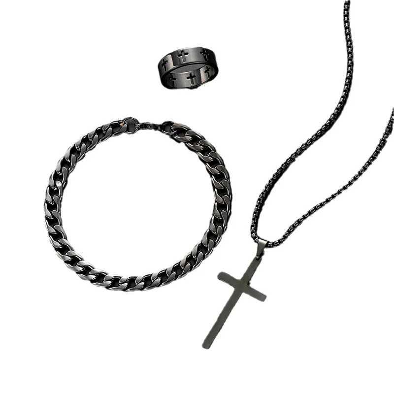 Black titanium steel cross pendant necklace suitable for men women minimalist men women necklace box chain necklace party jewelry set W240918