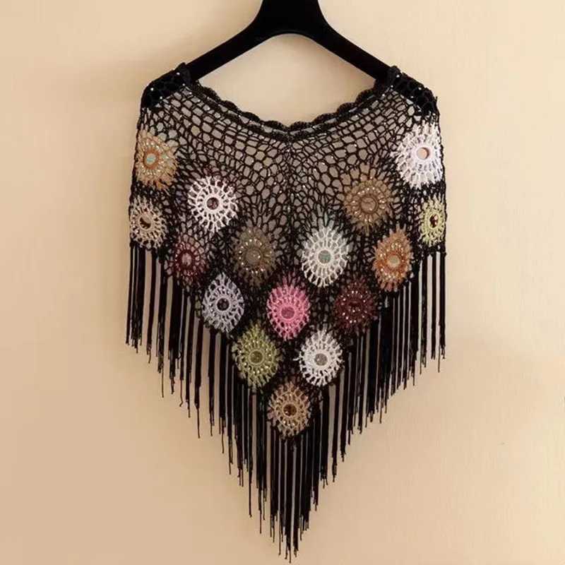 Thin crochet knitted Cape Town womens fashionable ethnic style jacket womens clothing tassel shawl raincoat womens summer bag jacket W240921