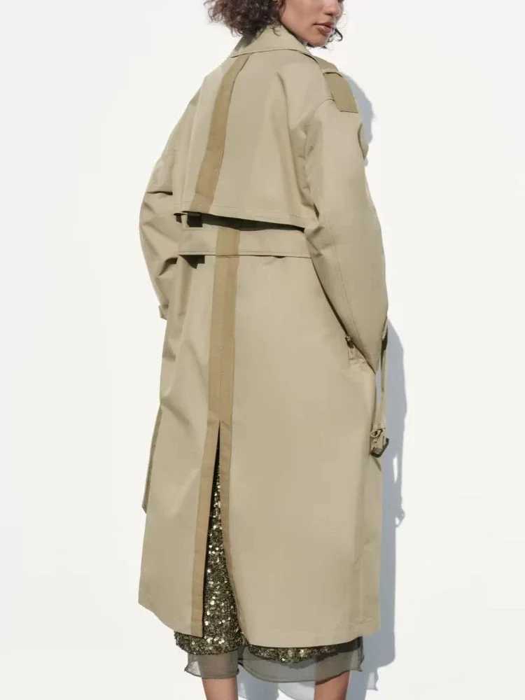 New Women Long Sleeved Lapel Double Breasted Matching Belt Contrast Loose Windbreaker Coat Large Version Windbreaker JacketX240921
