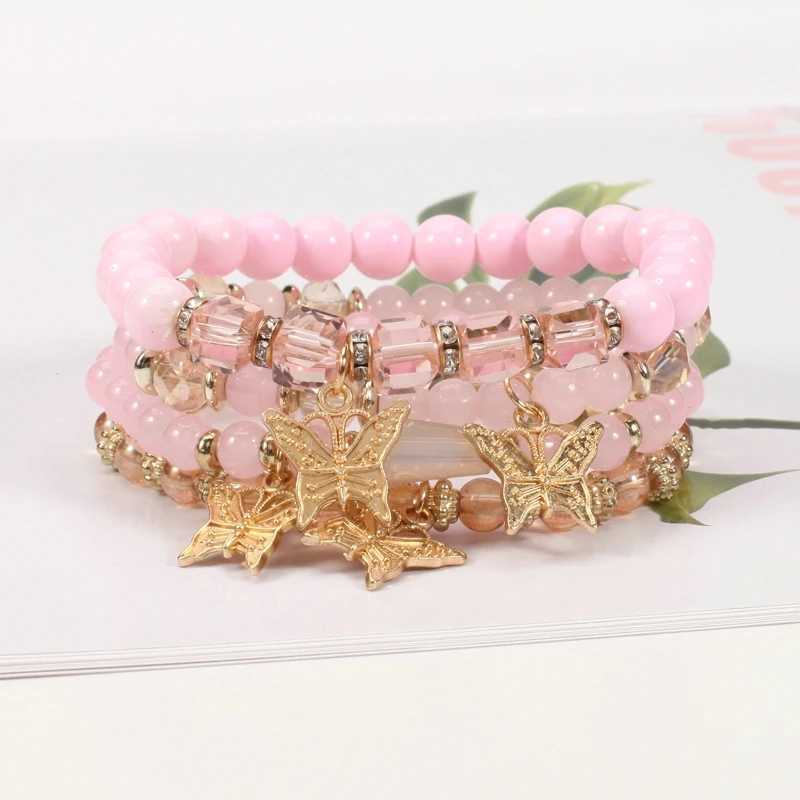 4 Pieces/Set Fashion Multi-Layer Beads Butterfly Pendant Bracelet Boho Artificial Glass Hand-Beaded Bracelet Jewelry GiftsX240921