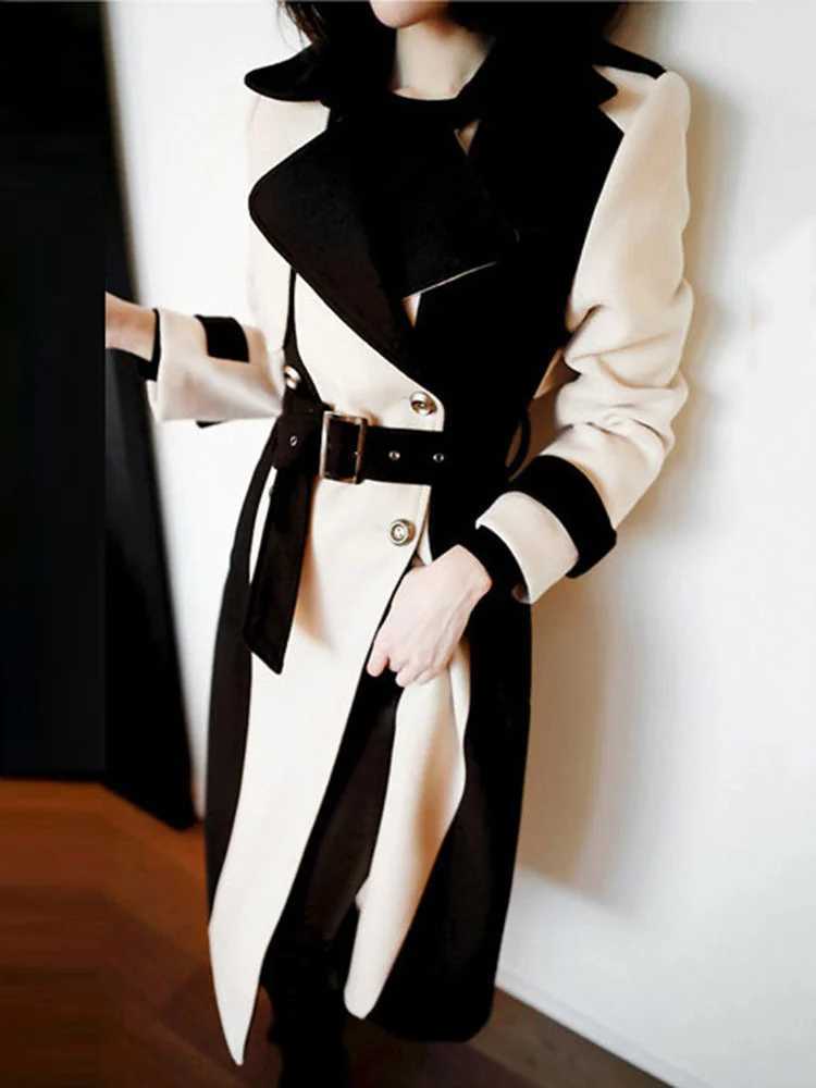 DEAT Woman Trench Coat Color Block With Belt Notched Full Sleeve Elegant High Street Style 2024 New Autumn Fashion 15TT172X240921