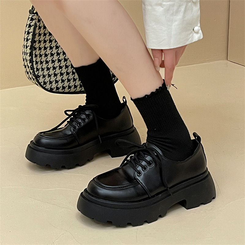 Casual Women's Leather Lace-Up Shoes: Versatile, Height-Boosting, Vintage Style in Triple Black 6970