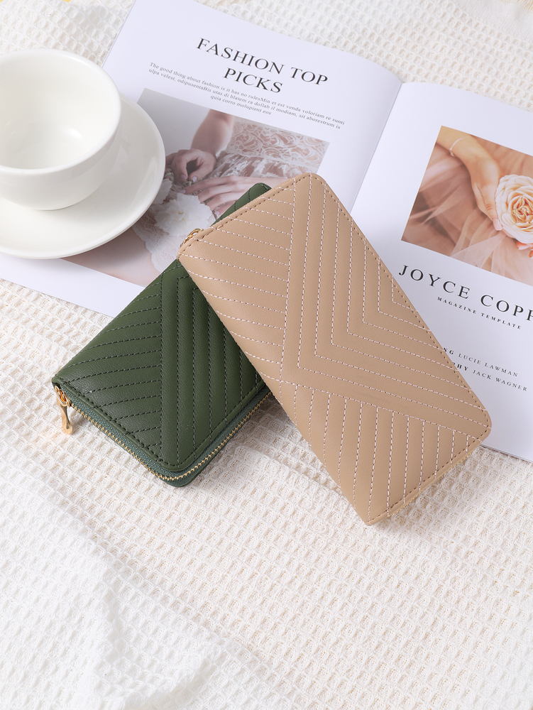 New designer wallet, fashionable solid color PU wallet, girls' zipper printed handbag, simple temperament, simple sewing, e-coin wallet, free shi