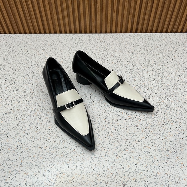 2025 S Fashion Designer Women Leather Shoes Pointed Toe High Clunky Heel Color Blocking Versatile Triple White Blue Free Shipping