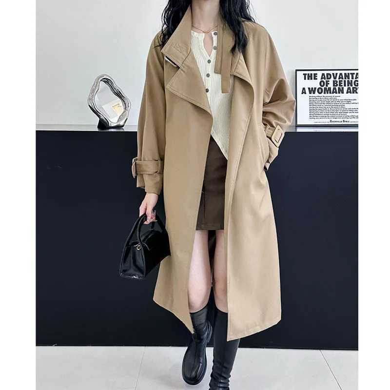 2024 Fashion Women Long Trench Coat With Belt Khaki Color Casual Loose Women Coat Trench Femme Casaco AbrigoX240921