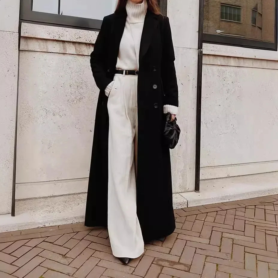 Long sleeved loose button autumn solid color ankle long wool blend coat trench womens fashion 240918