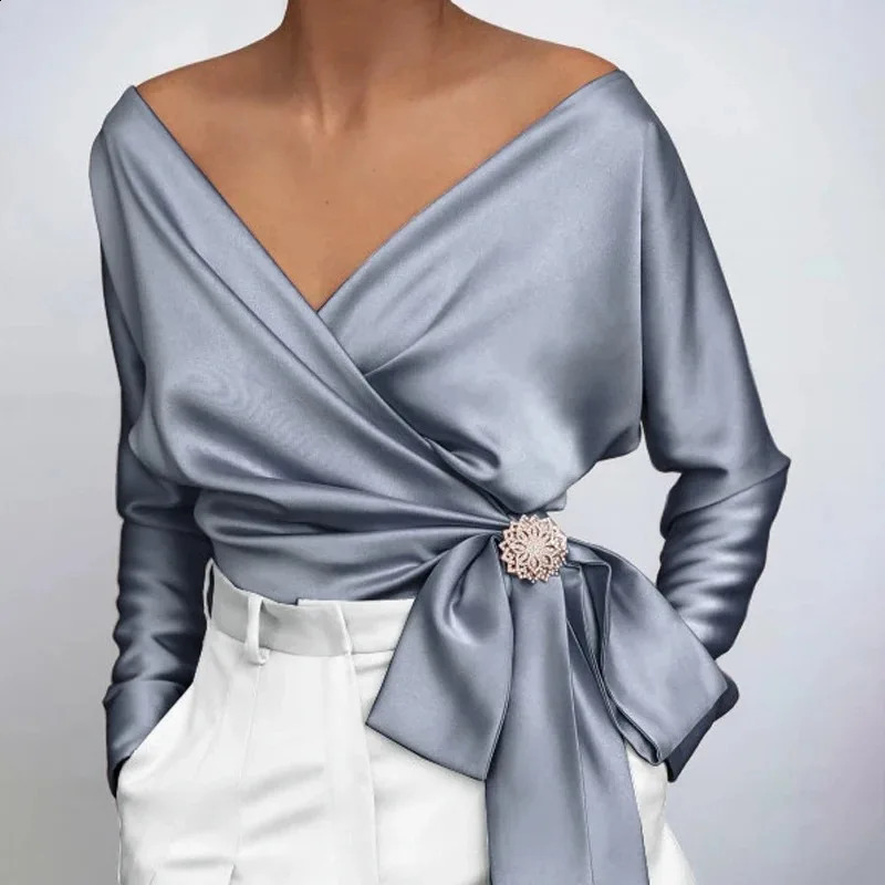 V Neck Sexy Women Satin Blouse 2024 Bow Tie Chiffon Silk Shirt Long Sleeve Women Tops Lace-up Lady Blouses Elegant Blusas 19178 240921