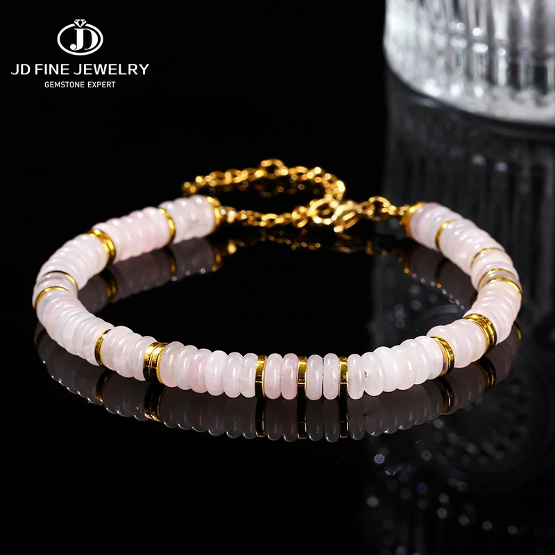 JD Natural Stone Pink Quartz India Agate Flat Round Spacer Bead Stainless Steel Bracelet Women Trendy Healing Adjustable Jewerly 240919