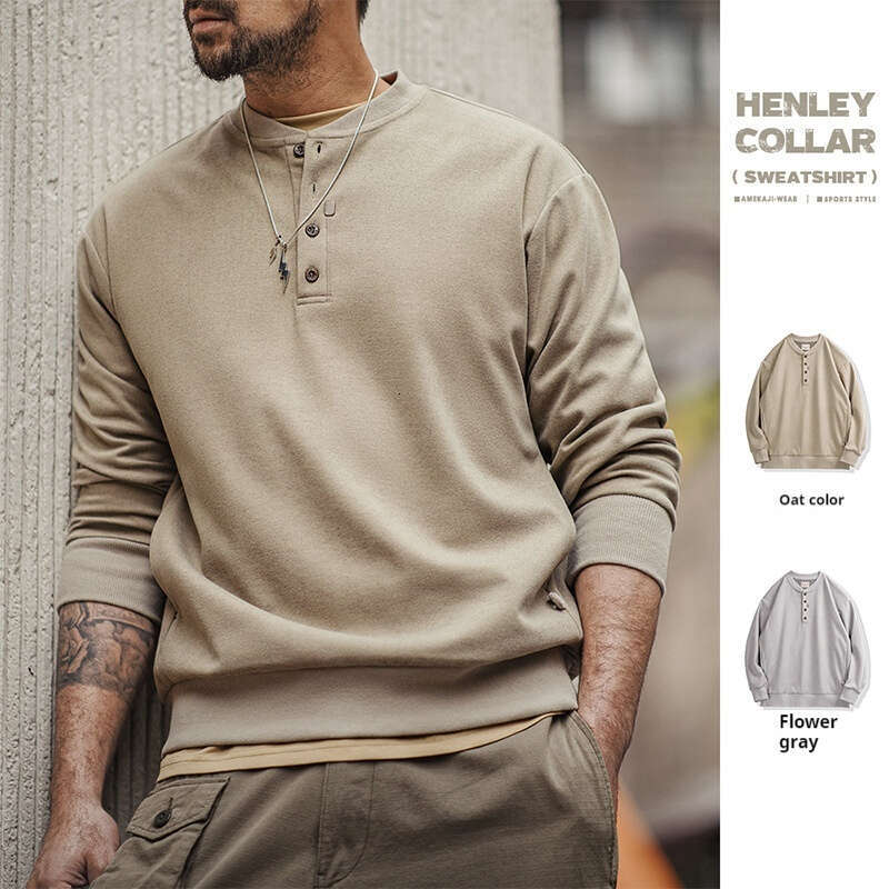 Madden Workwear American Casual Henry Collar Woolen Hoodie Gray Style Cleanfit Long Sleeved Bottom Shirt Men's Spring