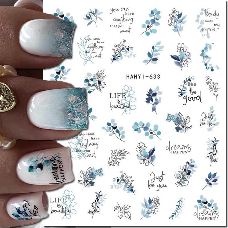3D nail art decal Royalblue white floral watercolor flower leaf adhesive slider nail sticker W240823