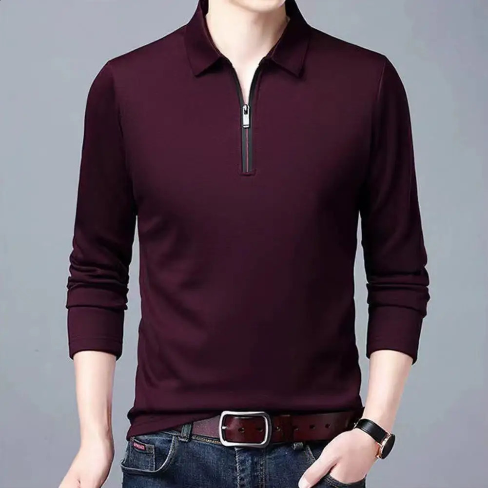 Fashion Men Business Shirt Lapel Zipper Neckline Long Sleeve Pullover Tops Spring Autumn Slim Fit Work T-shirt 240914