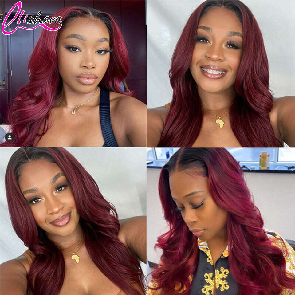 1B 99J Bury 13x4 Frontal Wig Body Wave HD Lace Front Brazilian Wigs for Women Ombre Red Colored Human Hair