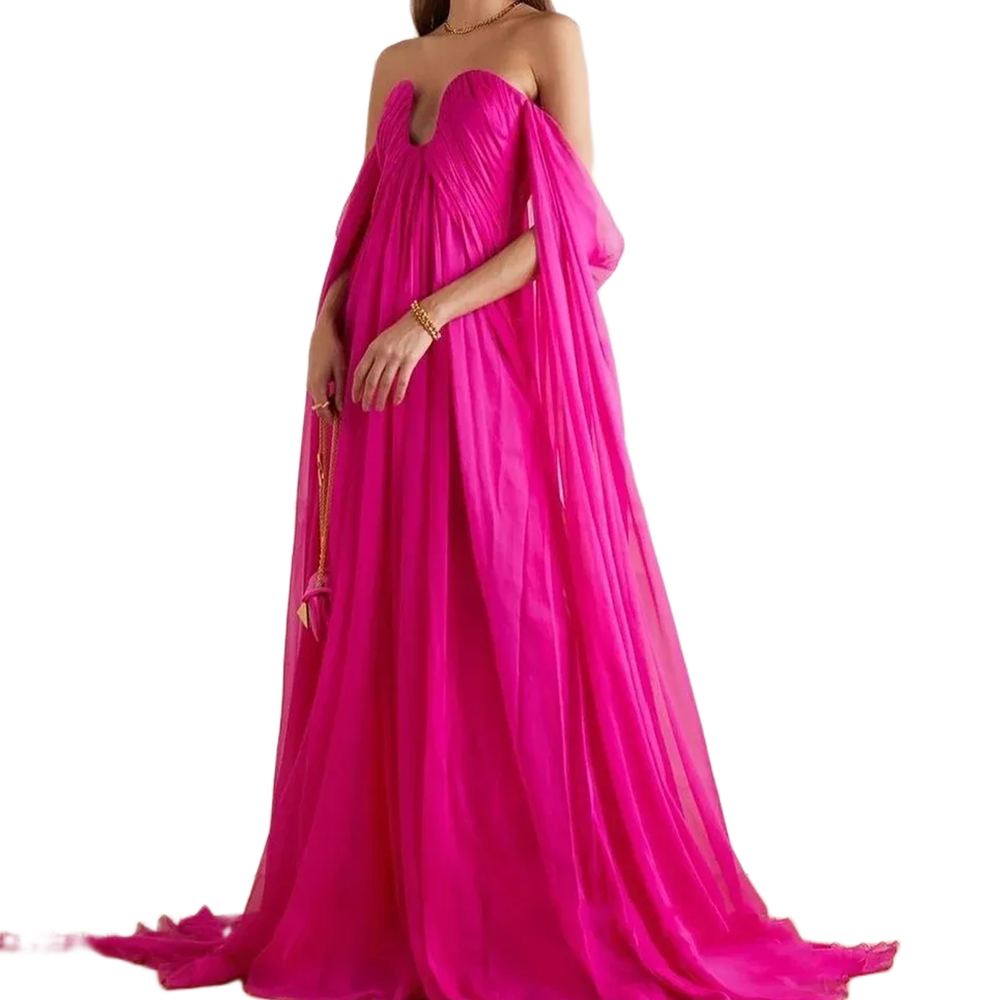 Simple Fuchsia Chiffon Long Evening Dresses Sweetheart Neckline Off Shoulder Pleats A-Line Prom Gown Elegant Formal Party Dress For Women