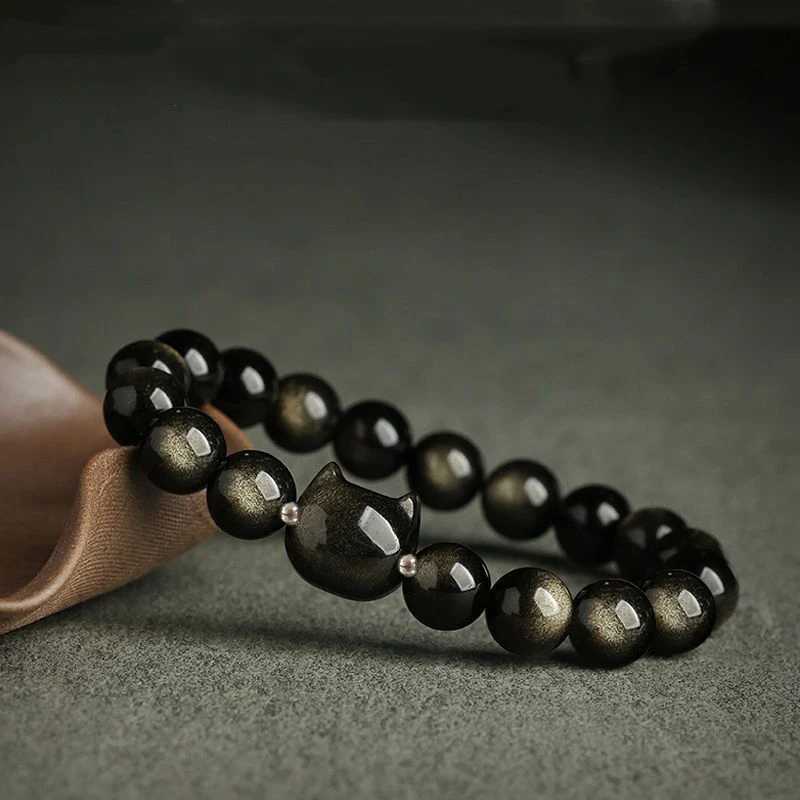 1 Pc Fashion Obsidian Cat Head Geometric Minimalist Natural Stone Black Beaded Bracelet Women Men Party Gift Daily JewelryX240921