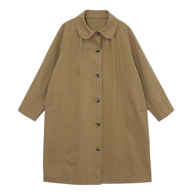Khaki Long Trench Coats Women Japanese Style Long Jacket Fall Spring Cute Doll Collar Button Up Loose Causal Windbreaker ClothesX240921
