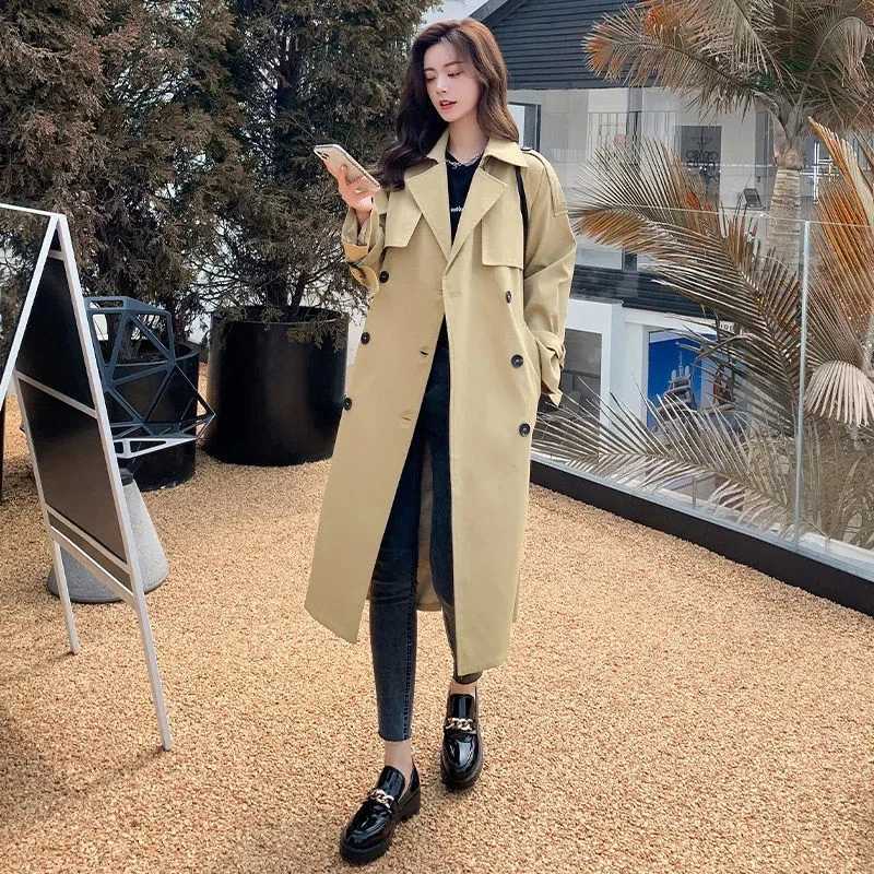 Korea Casual Khaki Long Women Trench Coat Autumn Turn Down Collar Double Breasted White Women Windbreaker Overcoat With BeltX240921