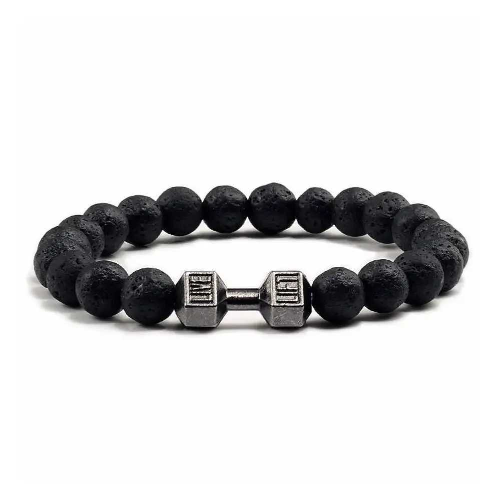 Natural Black Volcanic Lava Stone Dumbbell Bracelet Black Matte Beads Bracelets Fitness Barbell Jewelry Pulseras For WomenX240921