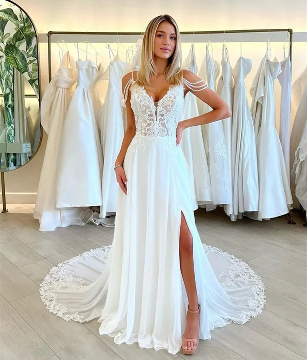Bohemian Beach Wedding Dresses With Side Split Sexy Backless Chiffon Long Wedding Gown For Bride Lace Appliques Spaghetti Straps Chic Boho Bridal Dres