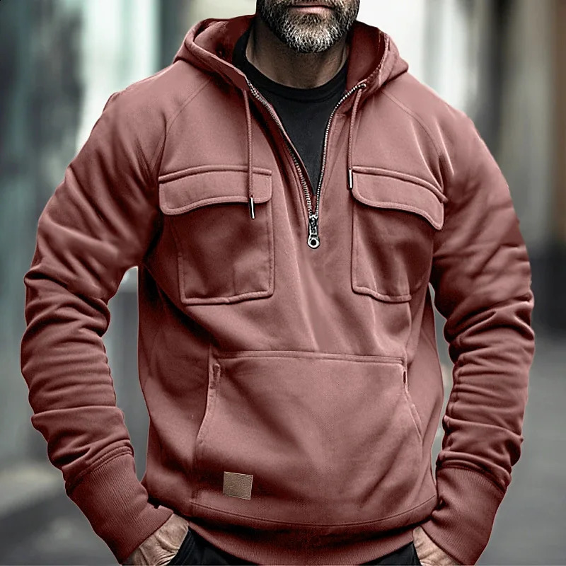 Mens Hoodie Brushed Sweatshirt Loose Pocket Long Sleeve Large Patch Pocket Half Zipper Elastic Cuff Mens Zipper Top 240919