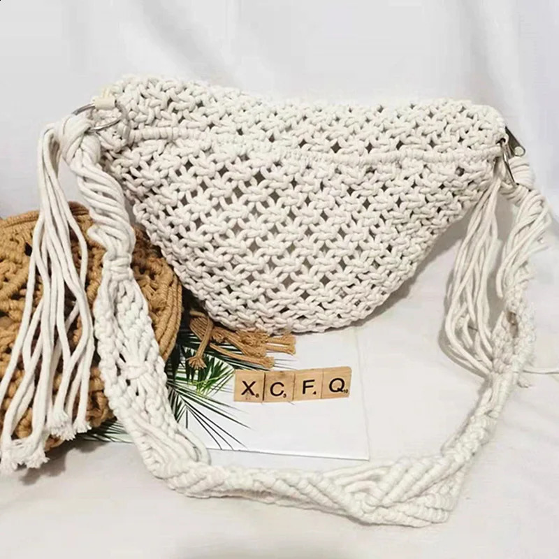 Summer Bohemia Hand Woven Beach Bag with Tassels Cotton Crochet Hollow Out Travel Tote Ethnic Style Handbags Underarm 240919