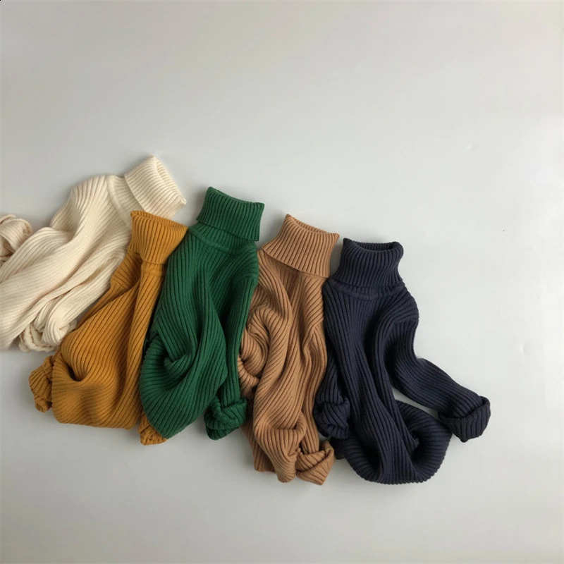 Winter Children Girls Knitted Sweater Basic Stripe Thick Zipper Turtle Neck Boys Knitted Top 240918
