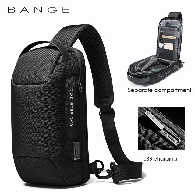 BANGE Mens Waterproof USB Oxford Cross Bag Anti theft Shoulder Strap Sling Multi functional Travel Messenger Luggage 240919