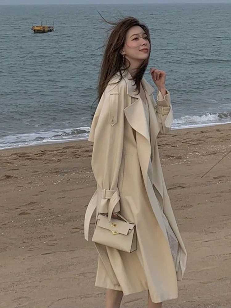 Trench Coat for Women 2023 Windbreaker Spring and Autumn High Grade Draping Medium Long Solid Color Temperament Slim Fit CoatX240921