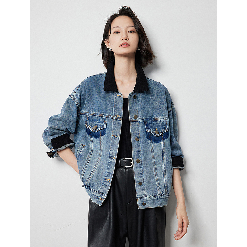 TOYOUTH Women Denim 2024 Autumn New Contrasting Color Washed Boyfriend Streetwear Outwear Jacket