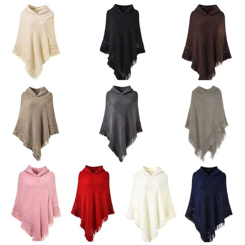 Womens winter warm knitted hooded raincoat solid color crocheted tassel shawl bag oversized zipper cape sweater top W240921