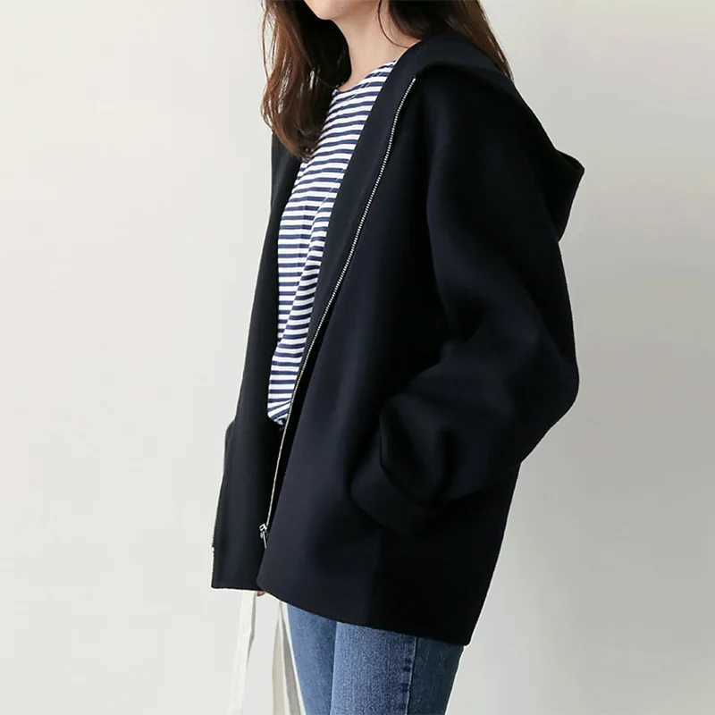 Hooded Woolen Coat Womens Short Spring Autumn New Korean Edition Loose Solid Color Fashion Casual Full Match Wool Jacket W240921