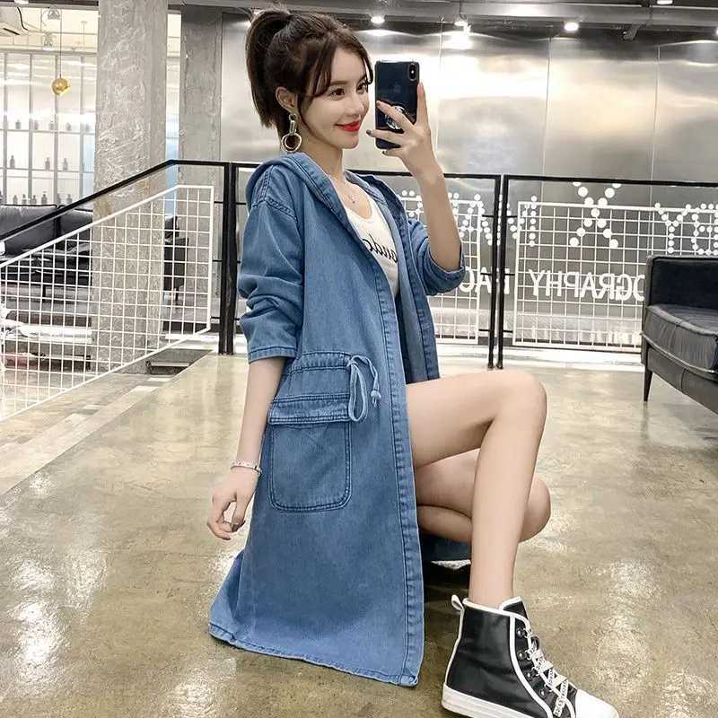 Blue Long Denim Hooded Windbreaker Jacket Long Sleeve Loose Coat Female Lace Up Drawstring Lady Outwear Plus Size Spring AutumnX240921