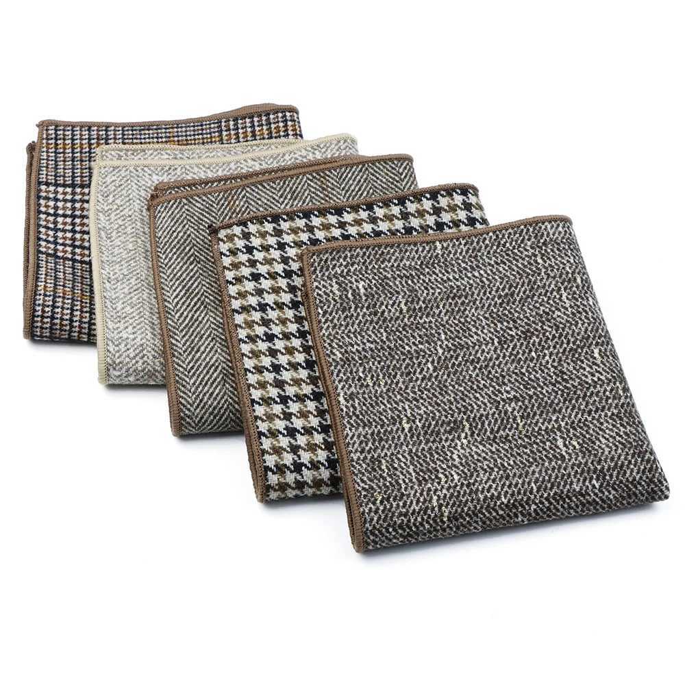 Mens Classic Hanky Plaid Striped Pocket Squared Handkerchief Wool Brown Grey Hankerchief Wedding Party Gift for Man AccessoriesX240921
