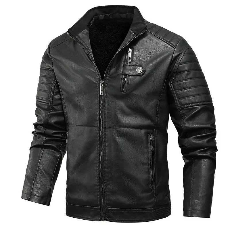 New winter mens wool leather jacket thick PU leather jacket fashionable mens stand up collar motorcycle leather jacket size 5XL W240918