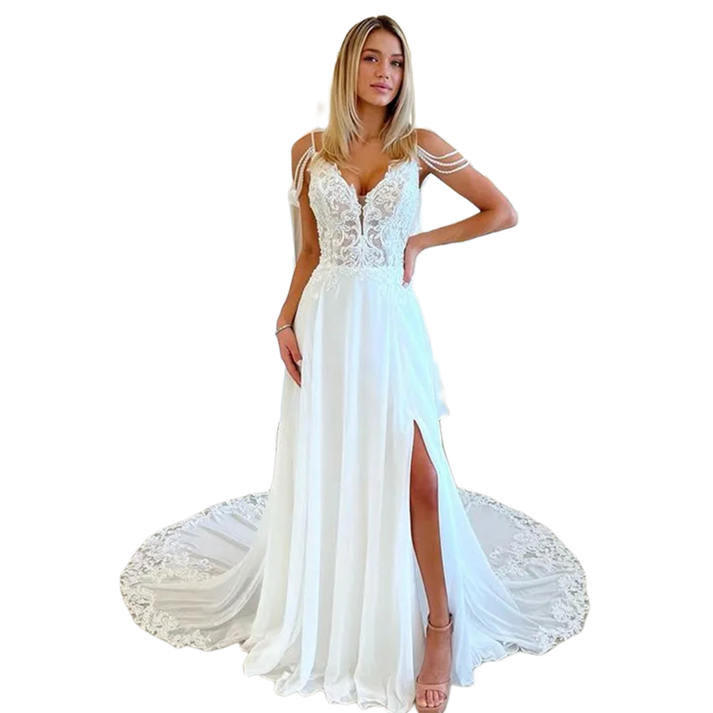 Bohemian Beach Wedding Dresses With Side Split Sexy Backless Chiffon Long Wedding Gown For Bride Lace Appliques Spaghetti Straps Chic Boho Bridal Dres