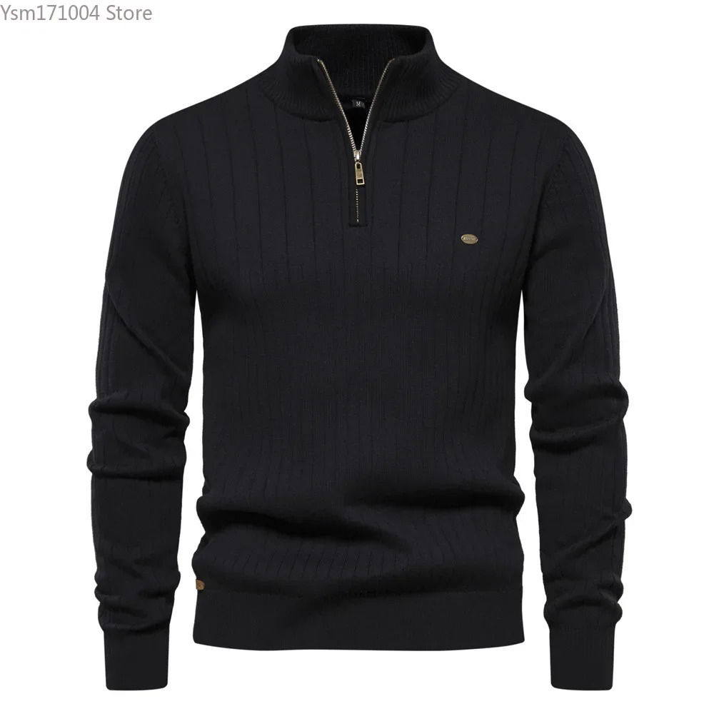 Autumn Winter New Men's Sweater Half High Neck Zipper Solid Long Sleeve British Fashion Casual Men Knit Pullover XXL