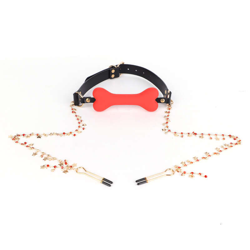Sexy SM Prop Light Luxury Genuine Leather Silicone Mouth Stopper Maid Training Torture Tool Bone Mouth Stopper with Diamond Long Chain Breast Clip