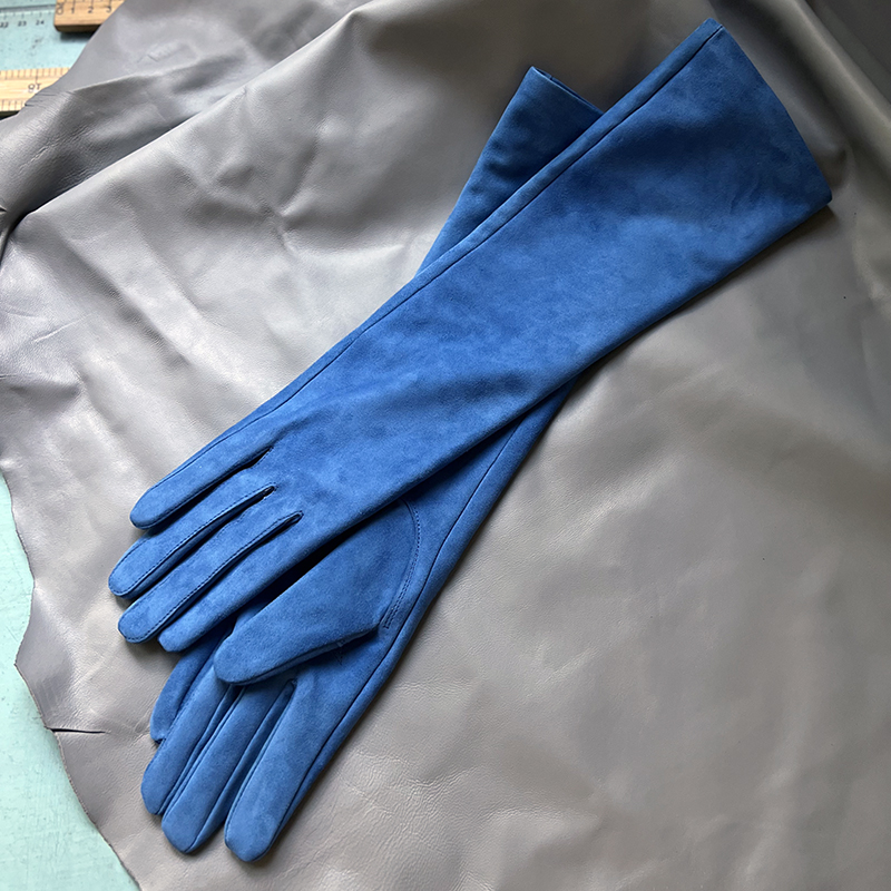 Women's suede leather long gloves Men's sky blue sheepskin elbow gloves Super soft leather, spring and autumn fashion catwalks