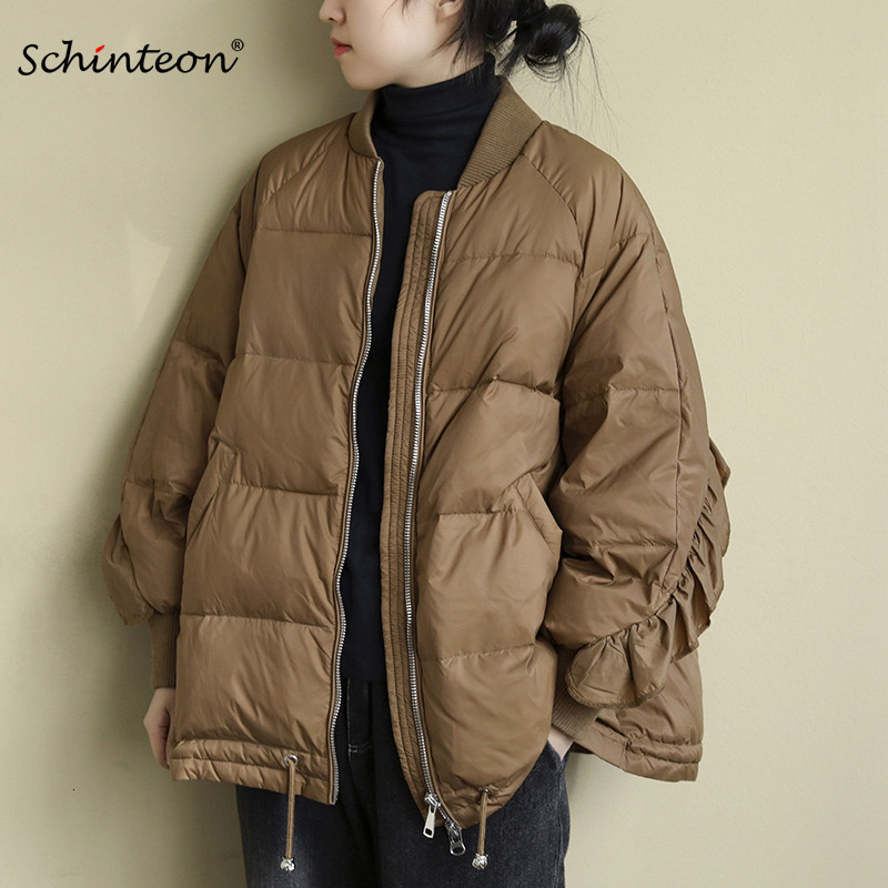 Schinteon Korean Style Women White Duck Down Jacket Loose Over Size Autumn Winter Warm Outwear Coat Ruffles Sleeves New