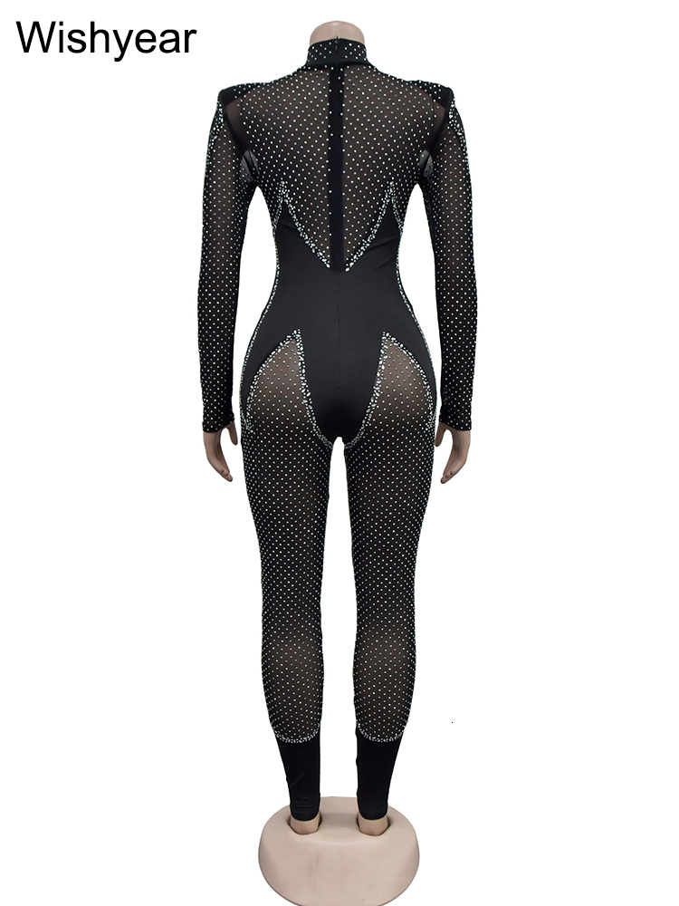 Year Rhies Sparkle Long Sleeve Skinny Mesh Black Jumpsuits Women's Birthday Sexy Night Club One Piece Rompers